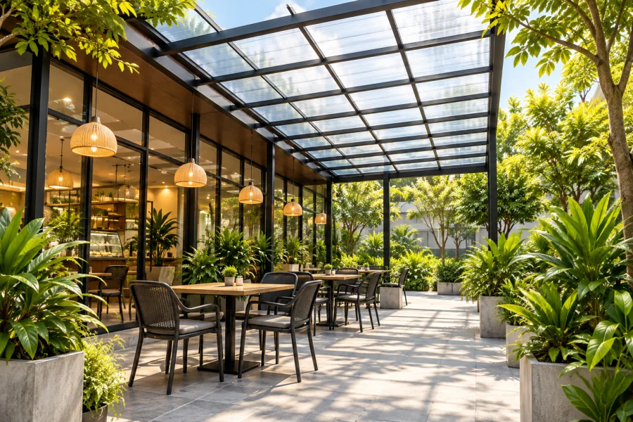 Phối cảnh khu vực bàn ghế quán café sân vườn dưới mái lấy sáng.