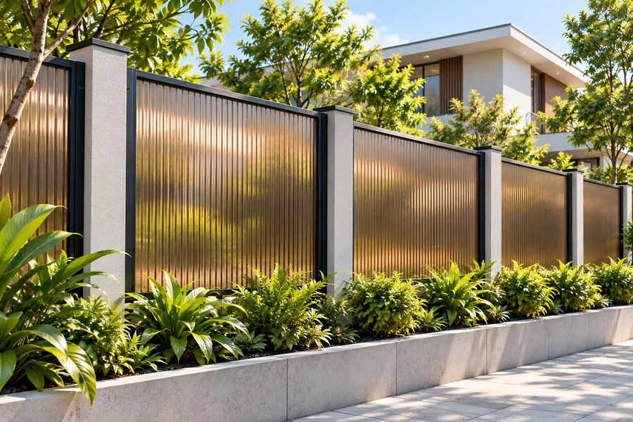 Phối cảnh hàng rào tấm Polycarbonate màu nâu trà trên khung kim loại tại khuôn viên nhà ở.