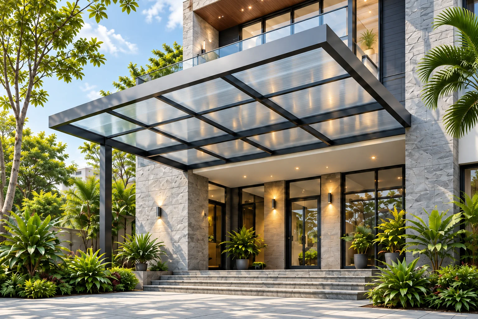 Mái che tấm Polycarbonate trên khung kim loại tại sảnh nhà