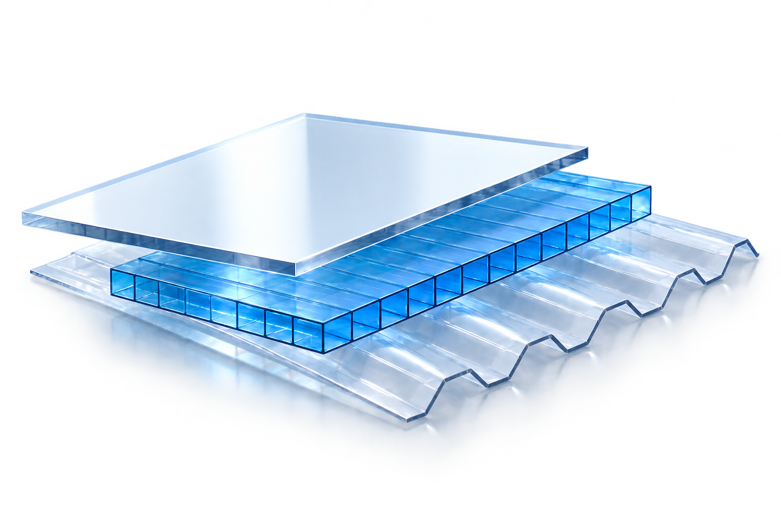 Ba loại tấm Polycarbonate: tấm đặc trắng trong, tấm rỗng xanh và tấm sóng vuông trắng trong.