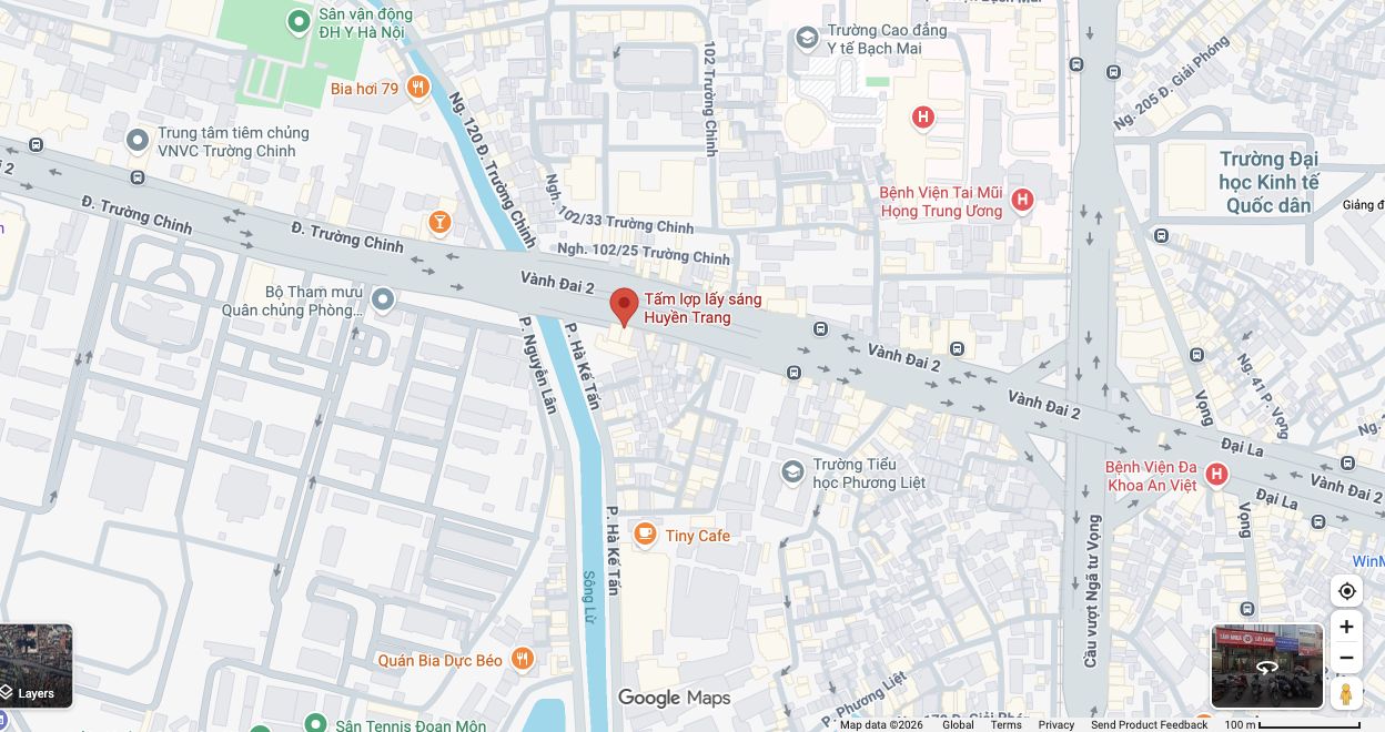 Vị trí Tấm lợp lấy sáng Huyền Trang tại 139 Trường Chinh, Phương Liệt, Hà Nội trên Google Maps.