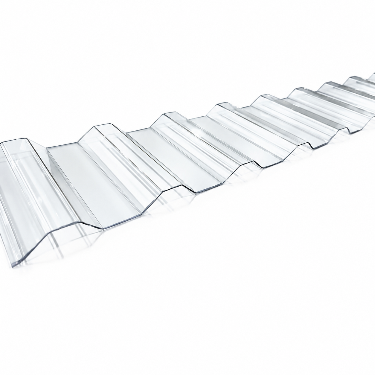 Tấm Polycarbonate sóng vuông Trắng trong ở góc nghiêng, thể hiện bề mặt trong và biên dạng sóng.
