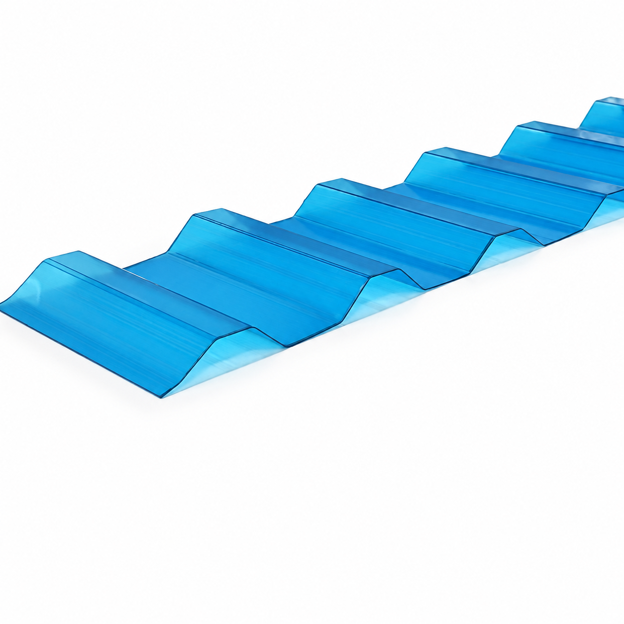 Tấm Polycarbonate sóng vuông Xanh hồ ở góc nghiêng, thể hiện sắc xanh trong và biên dạng sóng.