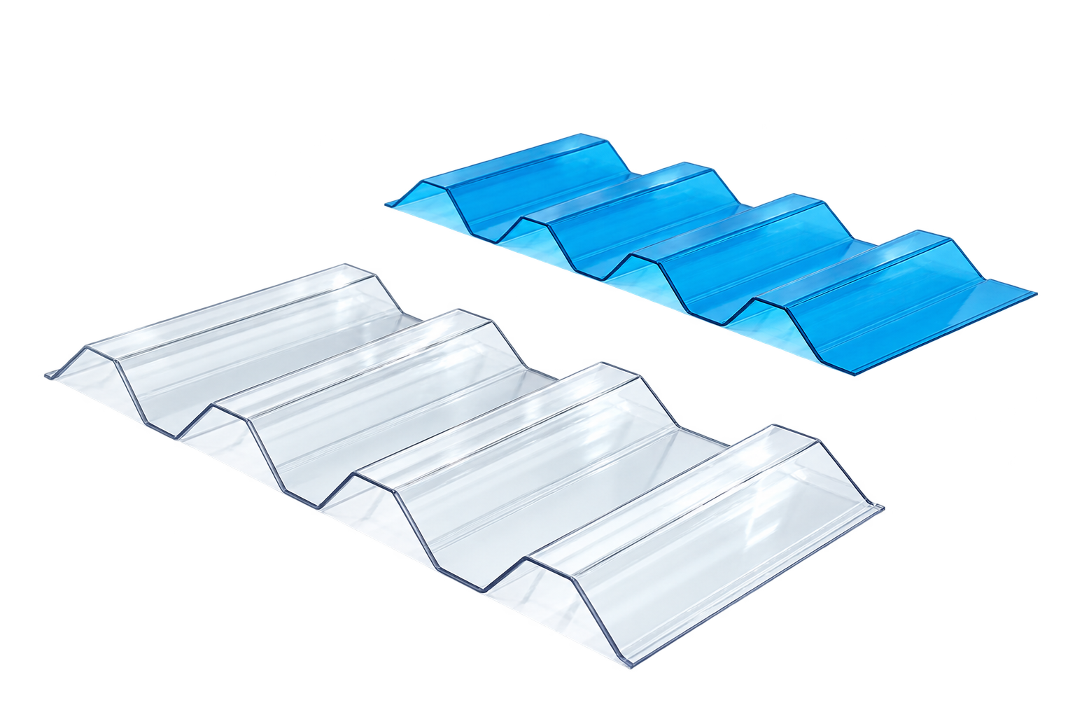 Minh họa hai mẫu tấm Polycarbonate có biên dạng sóng vuông, màu Trắng trong và Xanh hồ, đặt tách rời.