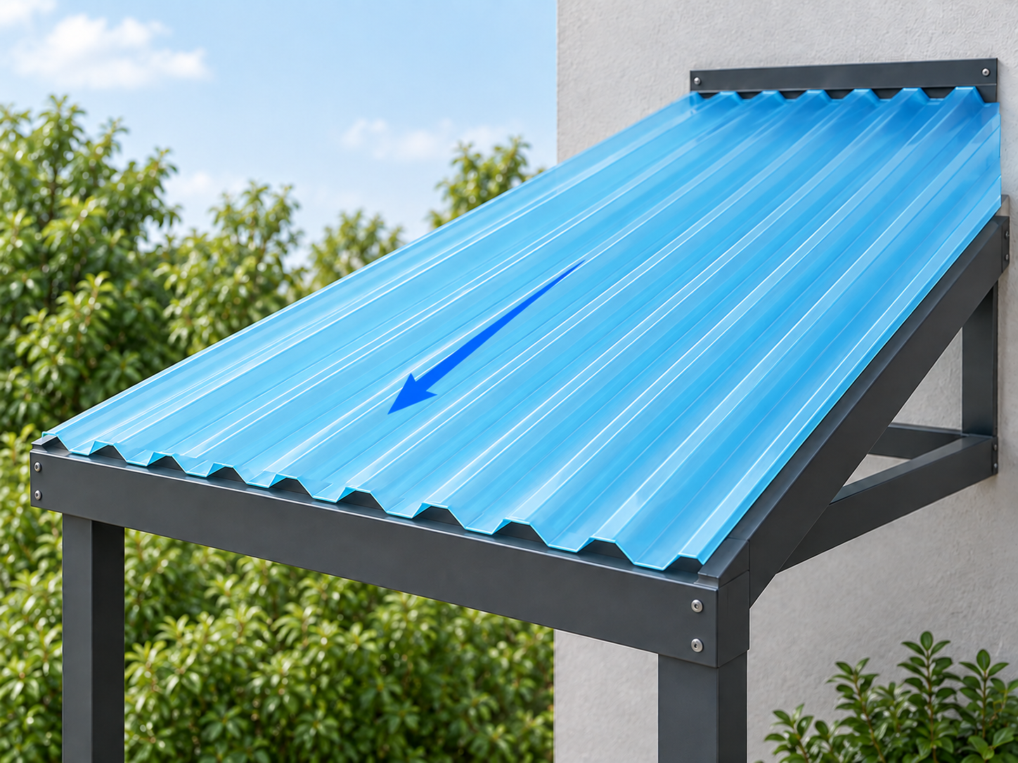 Minh họa mái tấm Polycarbonate sóng Xanh hồ với các đường sóng chạy xuôi theo chiều dốc và mũi tên từ phía cao xuống mép mái thấp.