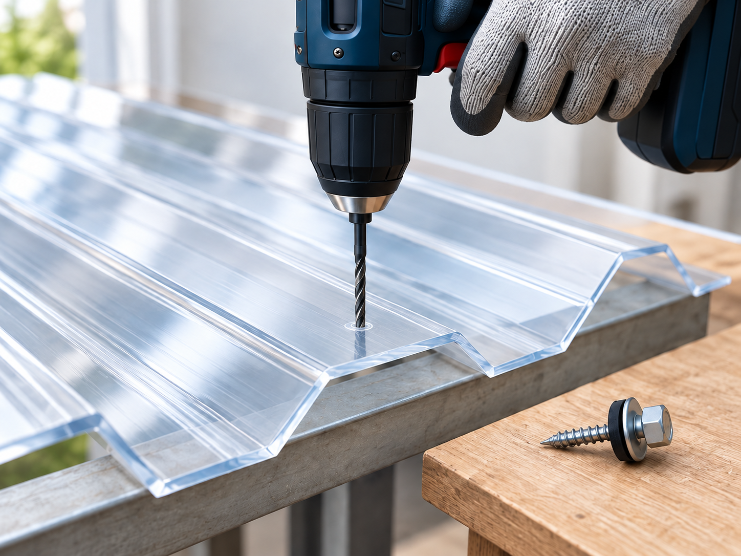 Minh họa thao tác khoan mồi tấm Polycarbonate sóng Trắng trong bằng mũi khoan xoắn; vít có vòng đệm được đặt riêng trên bàn.