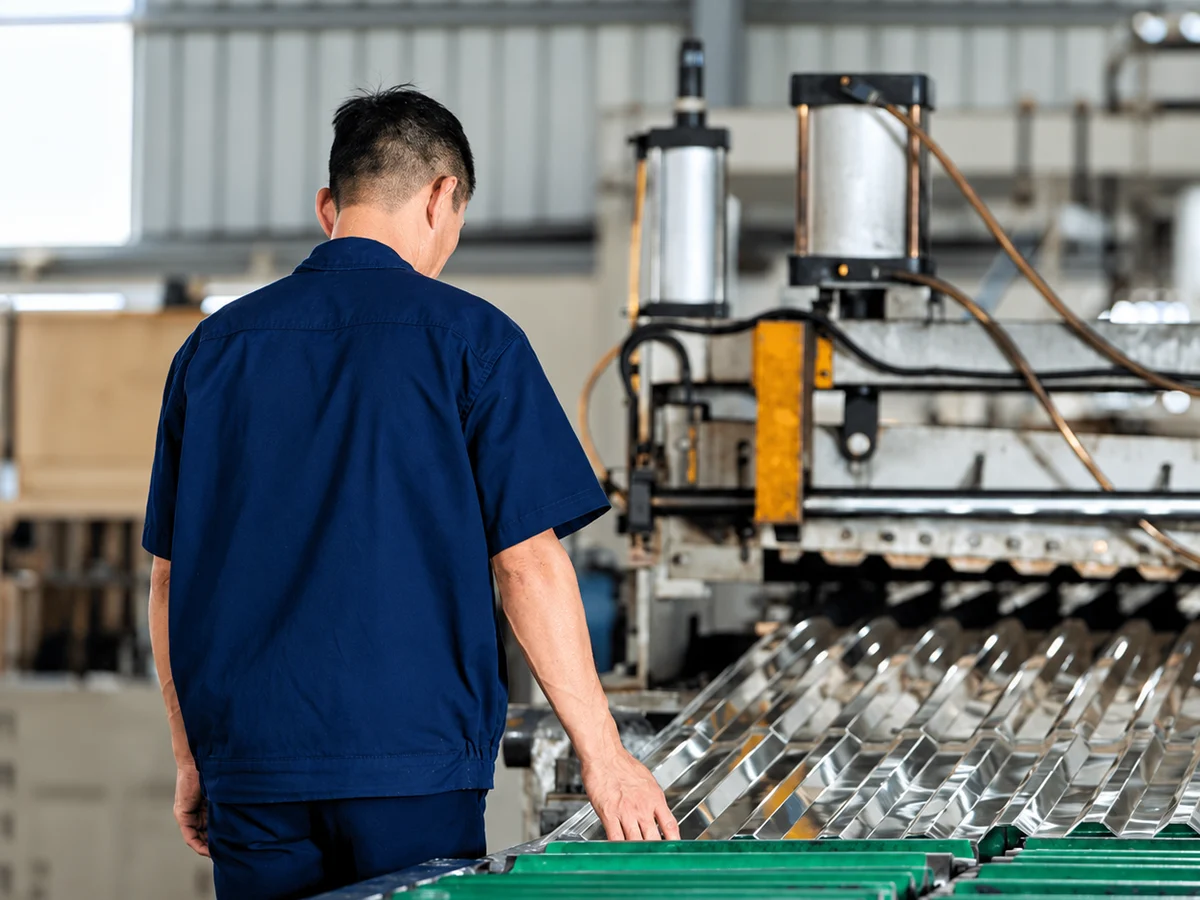 Minh họa nhân viên bên dây chuyền sản xuất tấm sóng tại nhà máy.