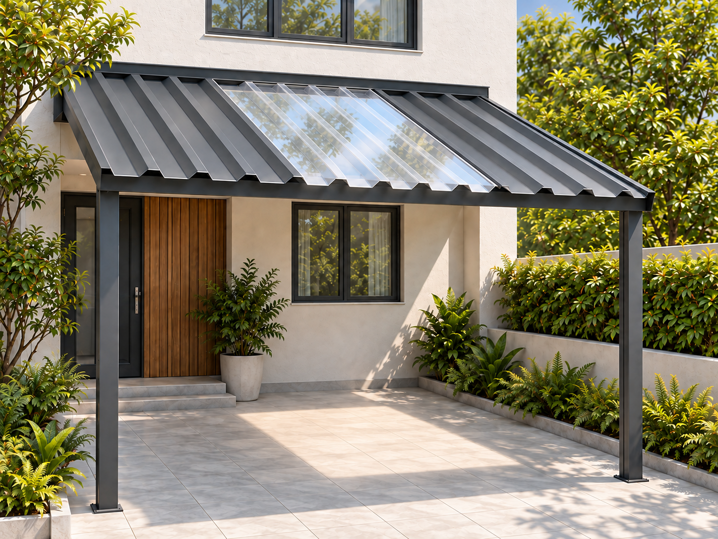 Minh họa 3D mái che dân dụng có dải Polycarbonate Trắng trong xen kẽ tôn xám, ánh nắng xuyên qua tấm xuống sàn dưới mái.