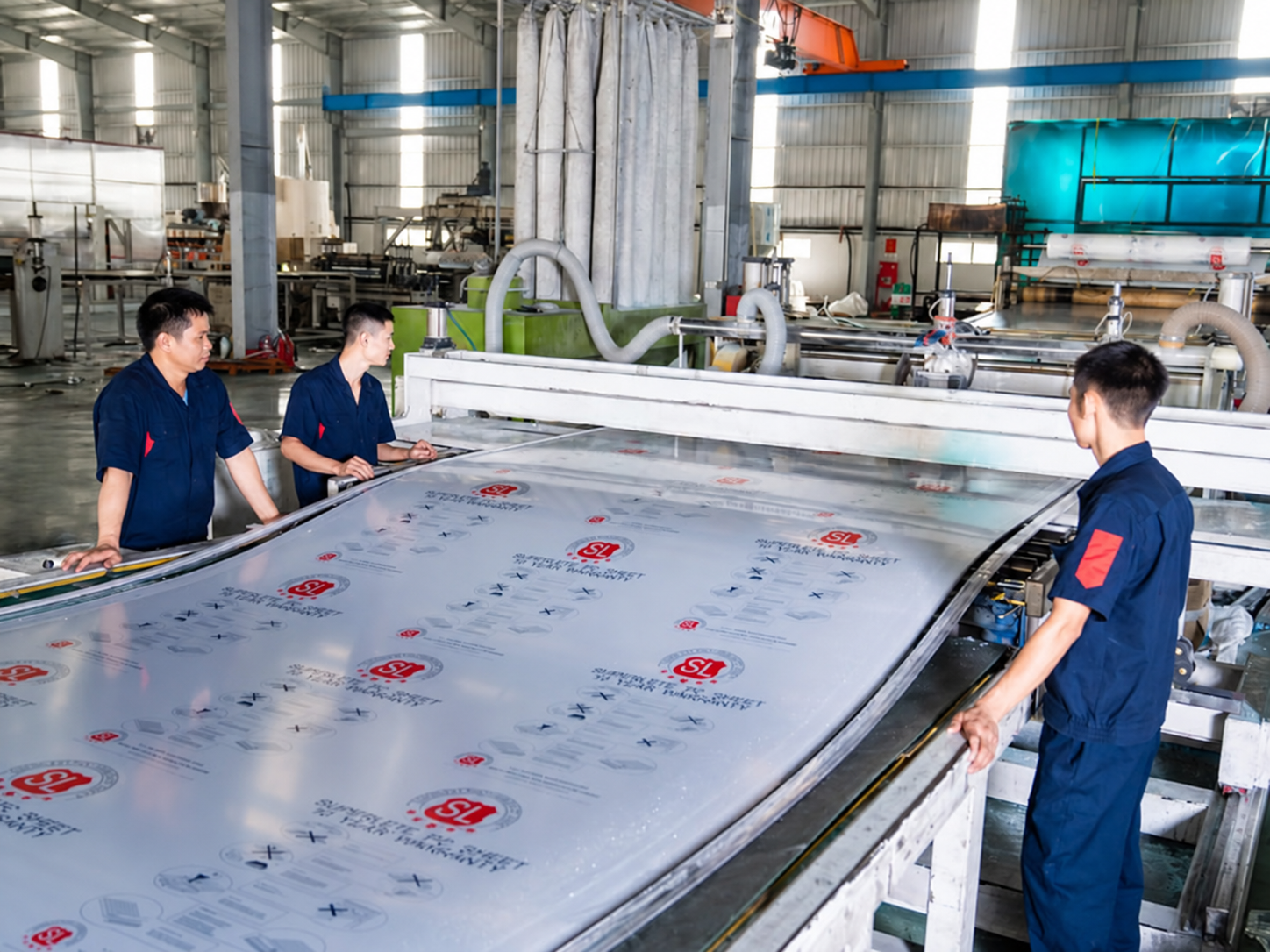 Ảnh minh họa tấm Polycarbonate còn lớp màng bảo vệ trên dây chuyền sản xuất của nhà cung cấp.