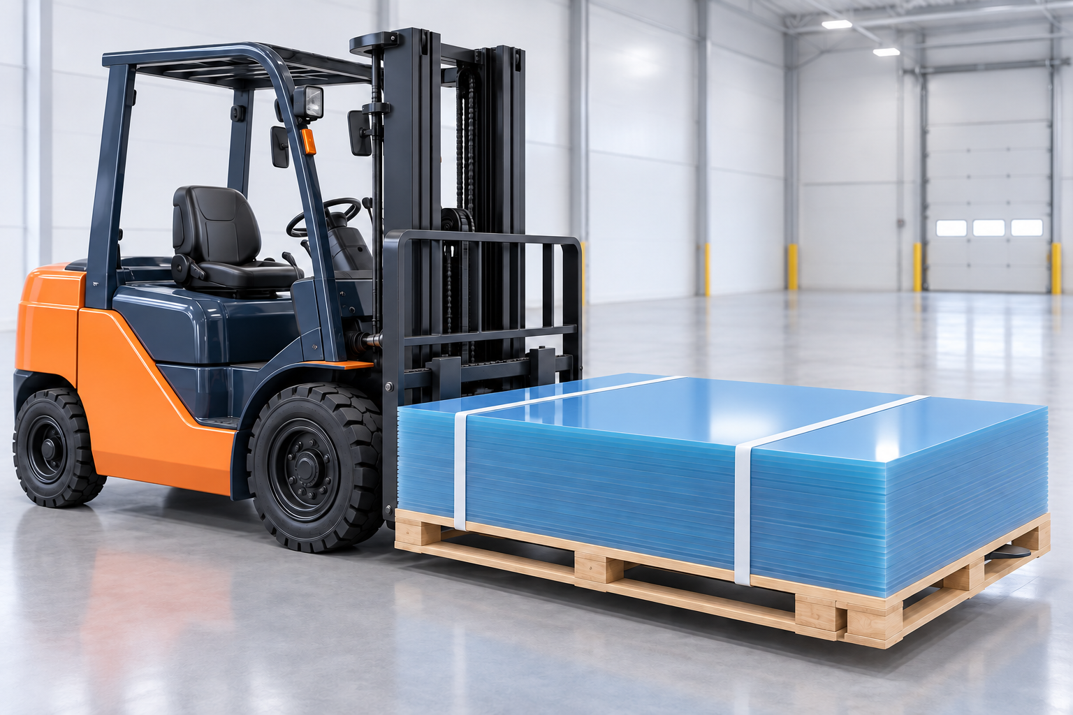 Xe nâng đỡ pallet gỗ bên dưới chồng tấm Polycarbonate xếp phẳng, bề mặt mịn và chiều cao đồng đều.