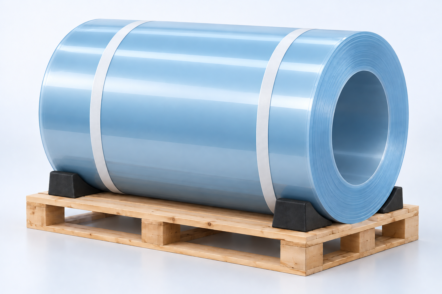 Cuộn tấm Polycarbonate tròn đều trên pallet có đệm kê, màng bảo vệ mịn và hai đai trắng giữ hàng.