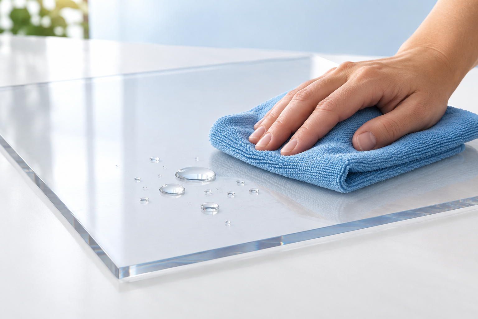 Bàn tay dùng khăn vải mềm màu xanh thấm nước trên tấm Polycarbonate đặc phẳng mịn, không có bọt xà phòng.