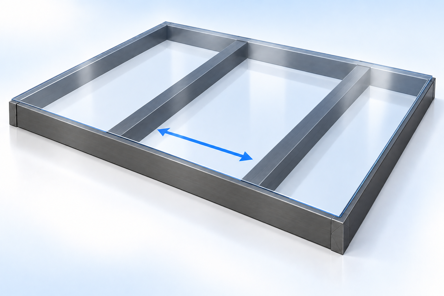 Sơ đồ tấm Polycarbonate đặc phẳng trên khung viền chữ nhật và hai thanh đỡ song song, có mũi tên chỉ khoảng cách.