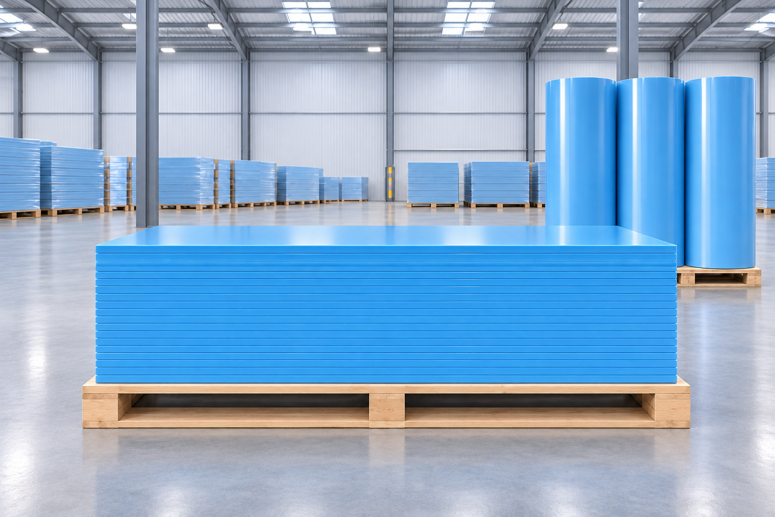Chồng tấm phẳng mịn, hai đầu cao bằng nhau trong góc nhìn chính diện, kê trên pallet trong kho có mái che.