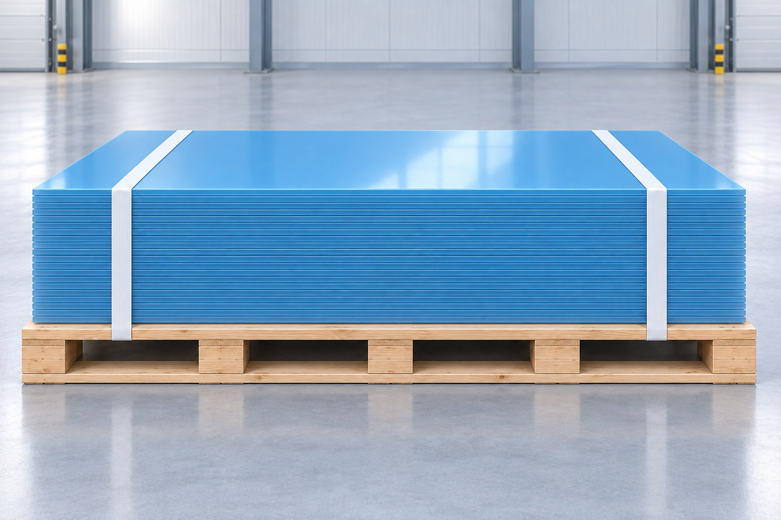 Chồng tấm Polycarbonate phẳng mịn có chiều cao đồng đều ở hai đầu, hai đai trắng, pallet nằm ngang và đỡ đủ tấm.