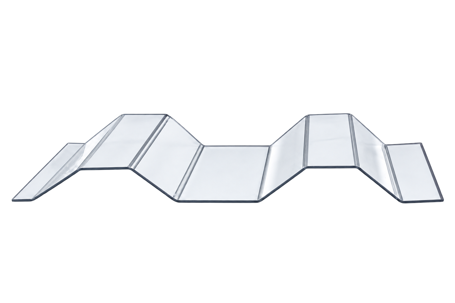 Tấm Polycarbonate sóng Trắng trong, đỉnh và đáy phẳng, sườn vát nghiêng và mép ngoài phẳng.