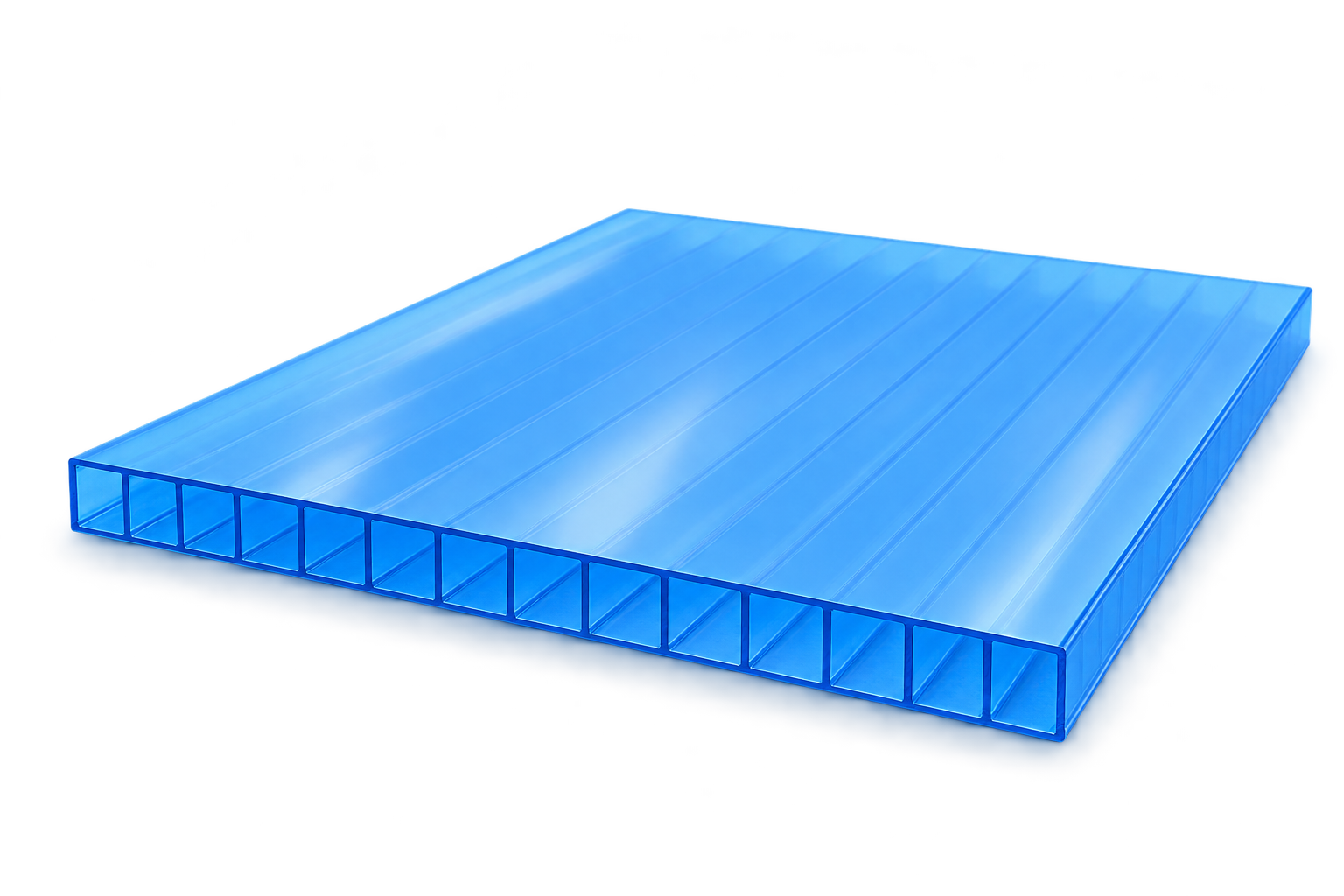 Tấm Polycarbonate rỗng hai lớp màu Xanh hồ đồng nhất, có một tầng khoang giữa hai mặt tấm.