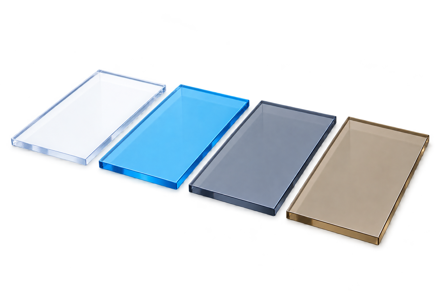 Bốn tấm Polycarbonate đặc riêng biệt màu Trắng trong, Xanh hồ, Xám khói và Nâu trà.