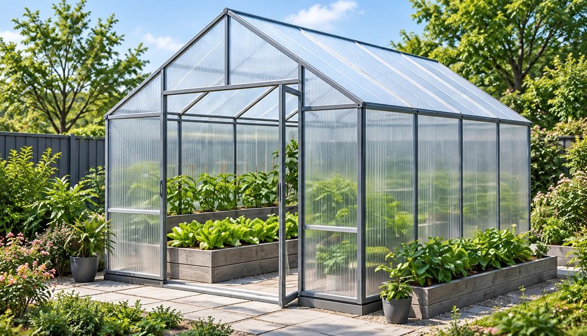 Phối cảnh nhà kính trồng rau với mái và vách tấm Polycarbonate rỗng Trắng trong.