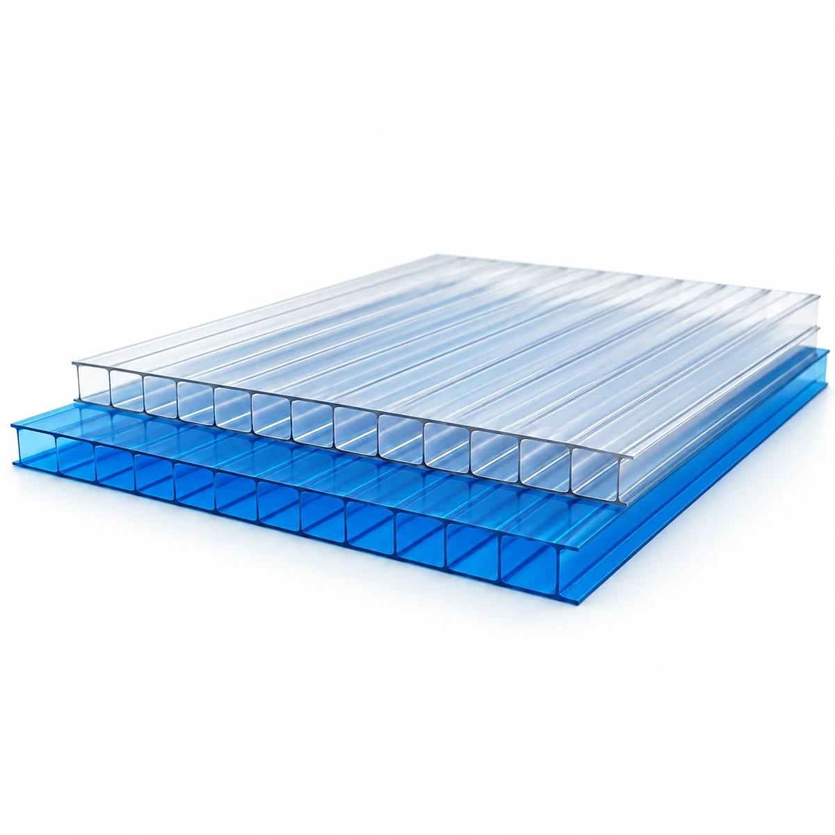 Tấm Polycarbonate rỗng Trắng trong và Xanh hồ, thấy cấu trúc khoang ở cạnh tấm.