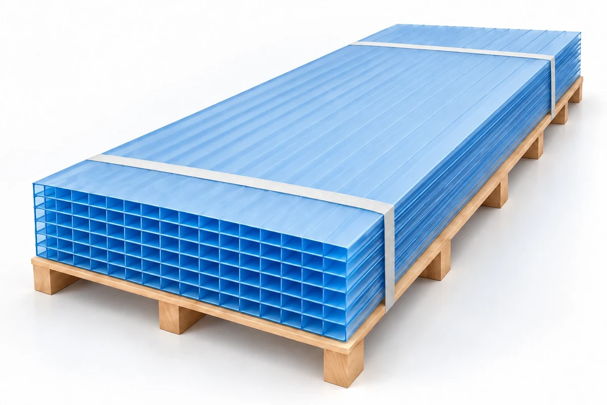 Chồng tấm Polycarbonate rỗng xếp phẳng trên bệ đỡ, bề mặt có màng bảo vệ trơn phẳng.