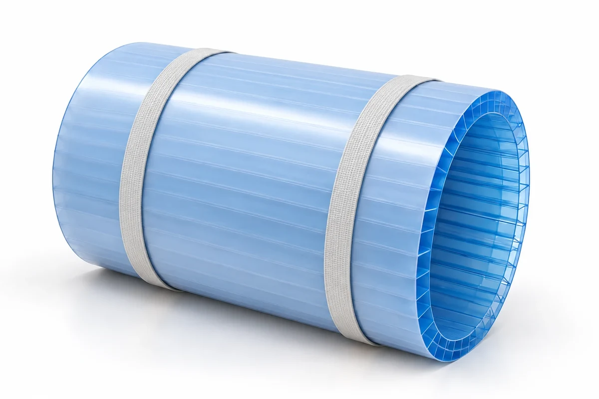 Tấm Polycarbonate rỗng Xanh hồ cuộn tròn, có màng bảo vệ trơn phẳng và hai đai giữ.