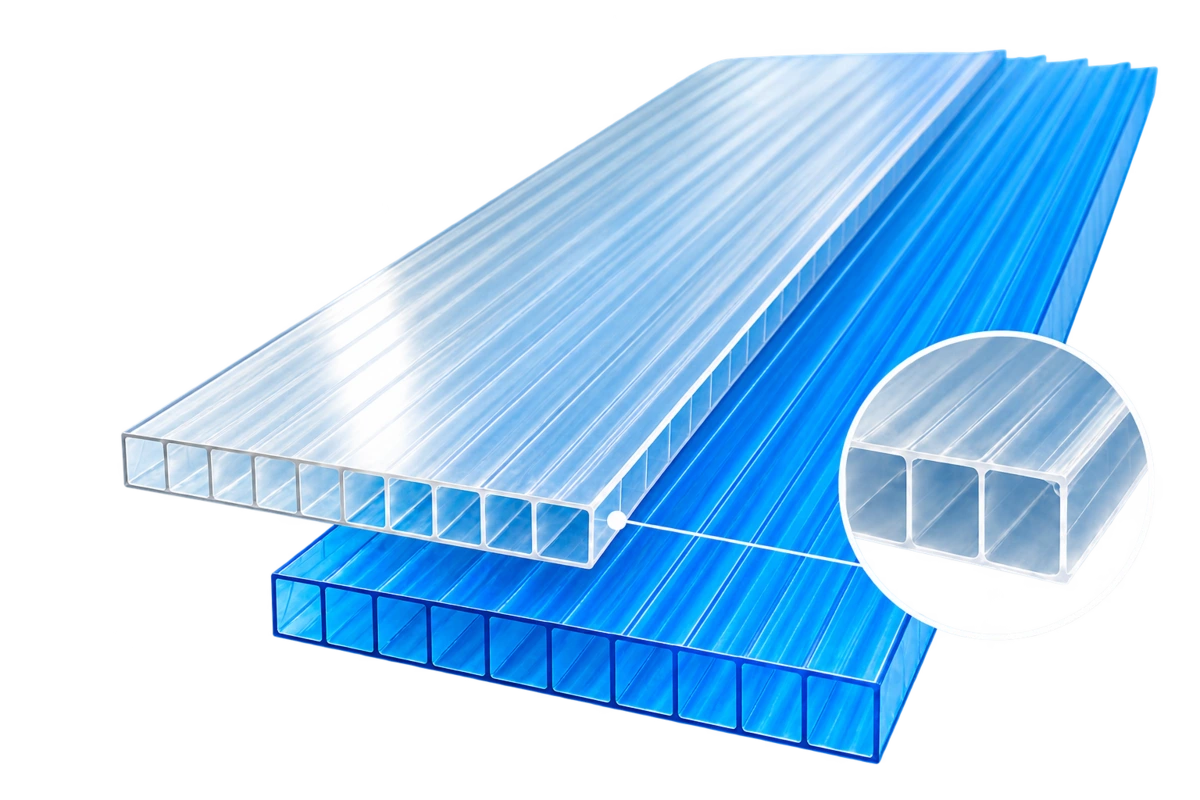 Minh họa 3D tấm Polycarbonate rỗng Trắng trong và Xanh hồ, với hình phóng to cấu trúc khoang rỗng.