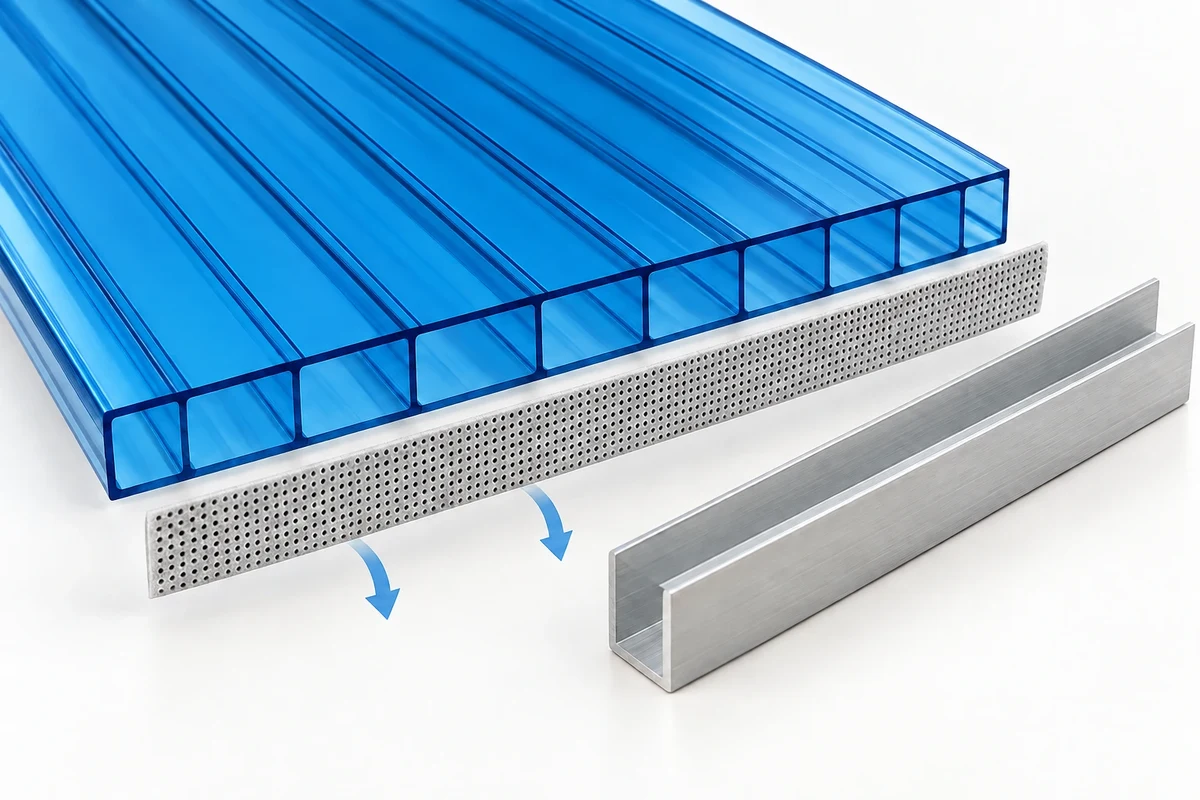 Cạnh tấm rỗng hai lớp, băng thông hơi và nẹp U mở, minh họa xử lý đầu khoang.