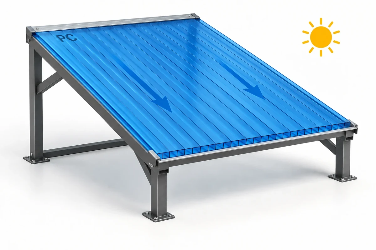 Mái tấm Polycarbonate rỗng hai lớp, một hàng khoang chạy theo chiều dốc; màng bảo vệ có chữ PC.