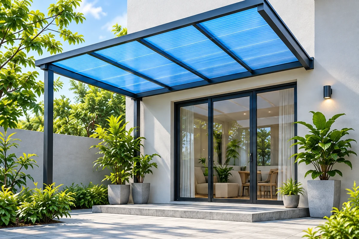 Mái che nhỏ bằng tấm Polycarbonate rỗng Xanh hồ trên khung kim loại, cạnh cửa nhà và cây xanh.