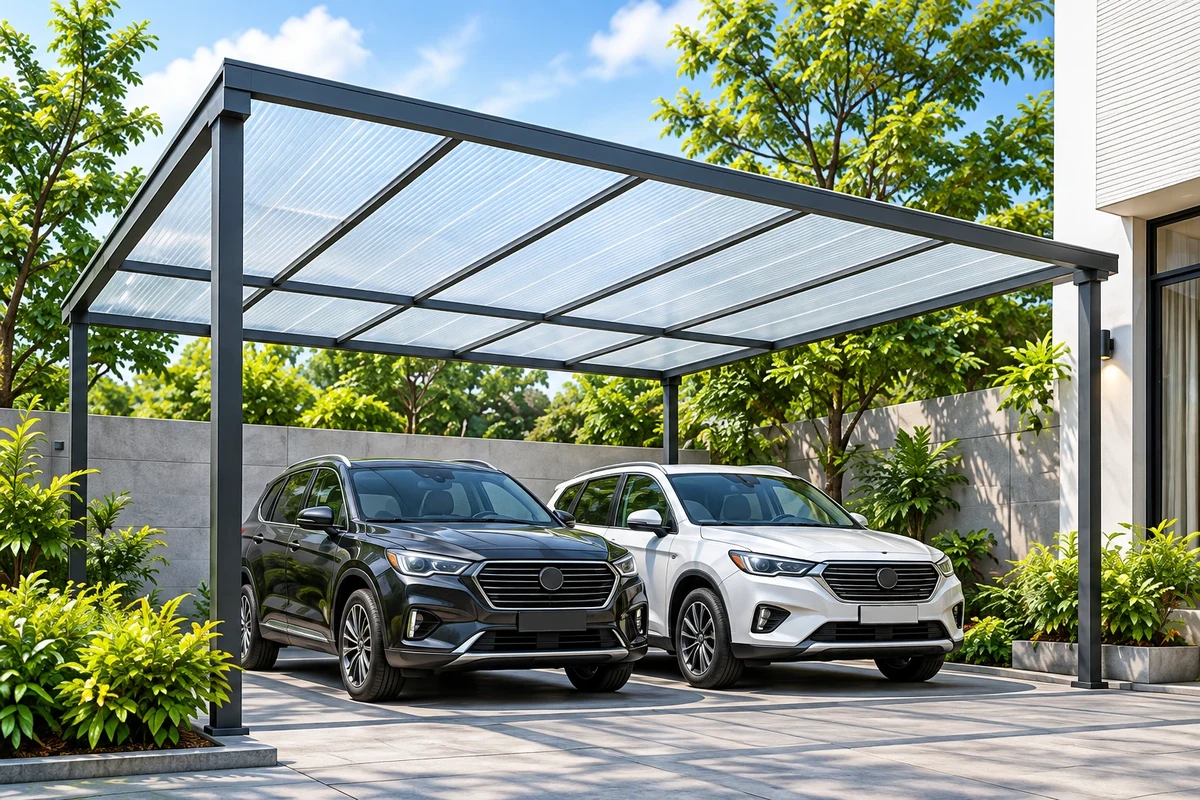 Mái nhà xe hai ô tô dùng tấm Polycarbonate rỗng Trắng trong, khung kim loại và sân nhà hiện đại.