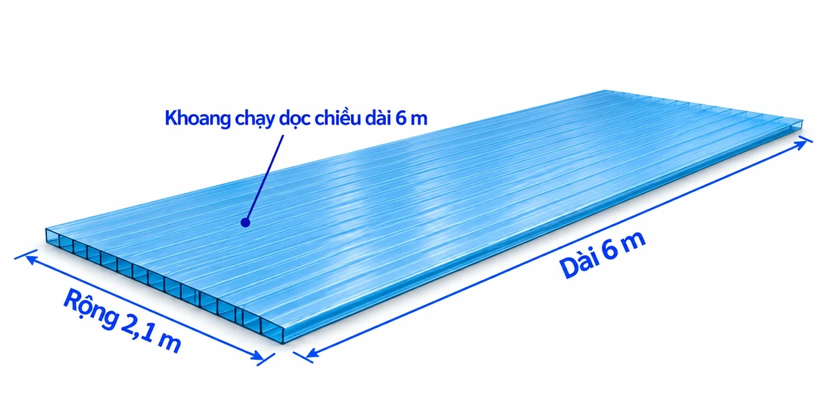 Sơ đồ một tấm Polycarbonate rỗng Xanh hồ, rộng 2,1 m, dài 6 m; các khoang chạy dọc chiều dài 6 m.