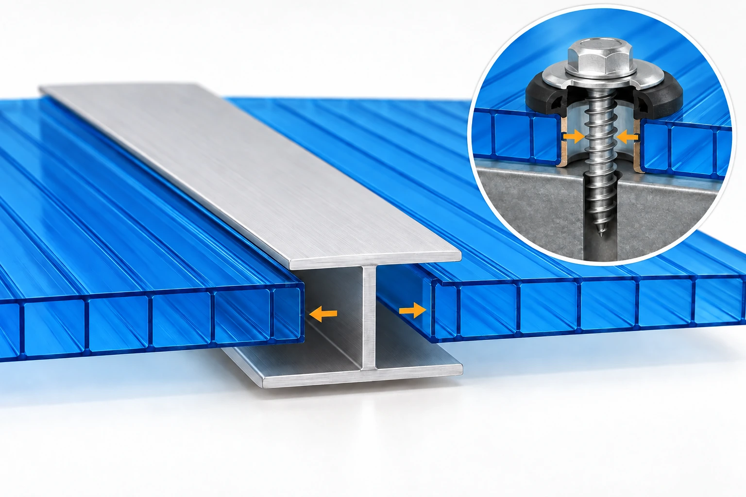 Minh họa mối nối giữa hai tấm Polycarbonate rỗng và chi tiết bắt vít.