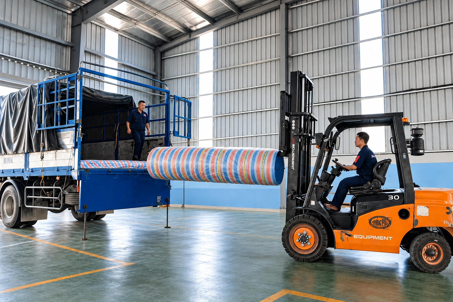 Xe nâng chuẩn bị đưa cuộn tấm Polycarbonate đã bọc bảo vệ lên xe tải tại nhà máy VINASPC.
