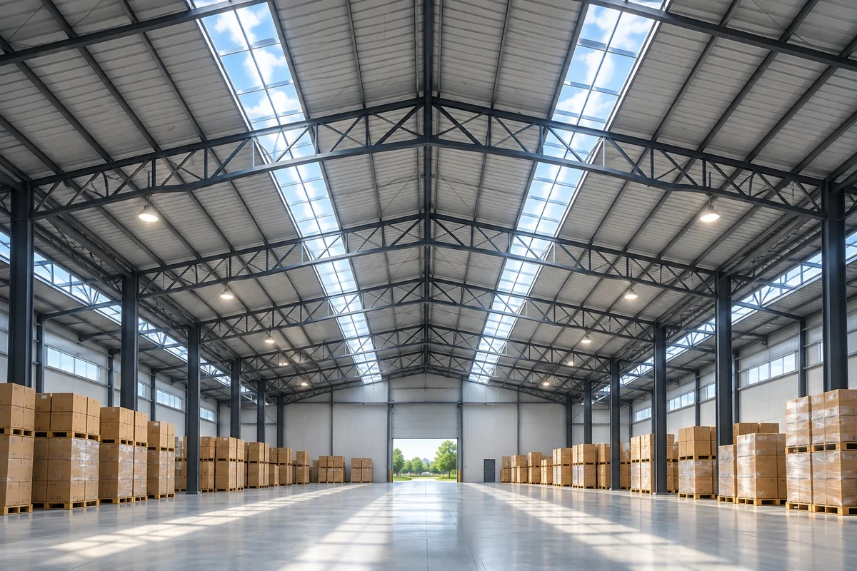 Minh họa bên trong nhà xưởng có các dải mái lấy sáng phía trên và hàng hóa được xếp bên dưới.