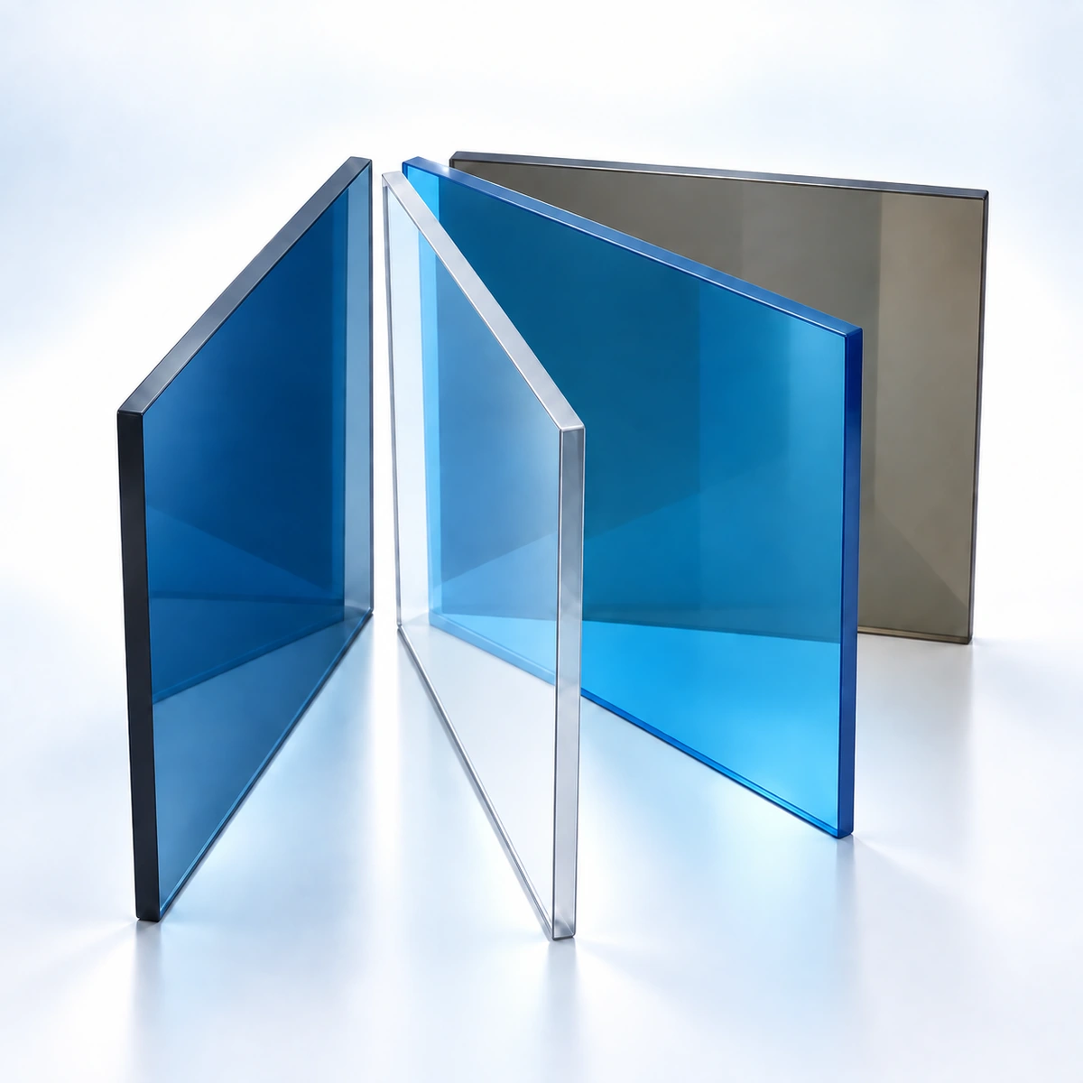 Bốn tấm Polycarbonate đặc: Xám khói, Trắng trong, Xanh hồ và Nâu trà