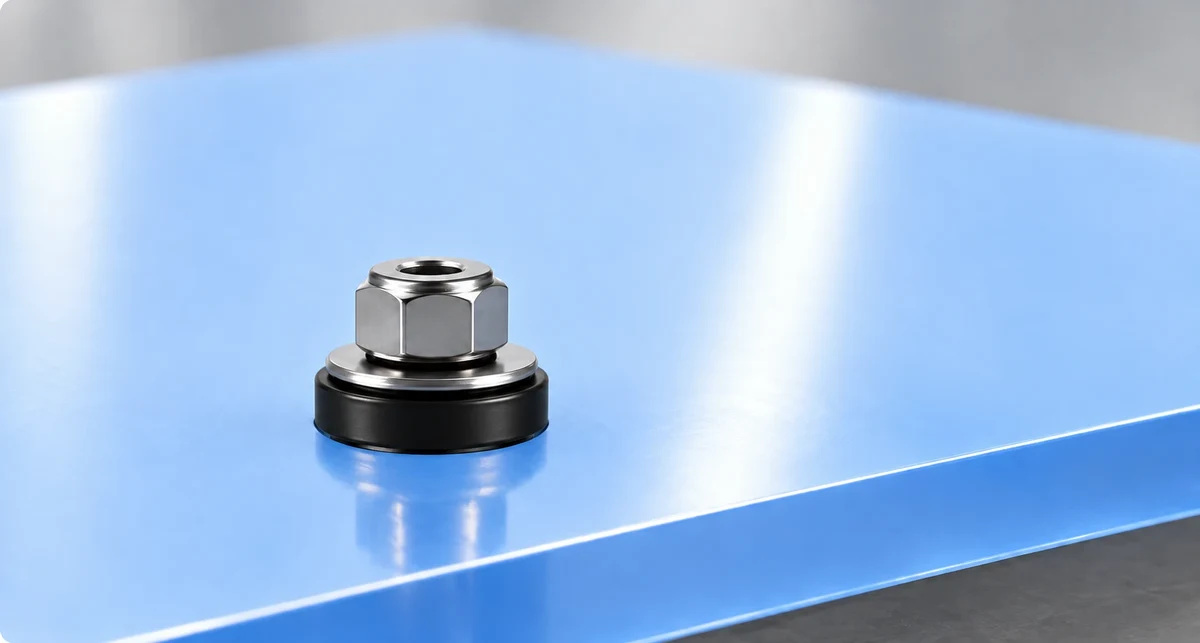 Vít chuyên dụng đã lắp vào tấm Polycarbonate đặc, đệm EPDM tiếp xúc với mặt tấm; khoảng cách đo từ tâm vít đến mép tấm ít nhất 10 cm.