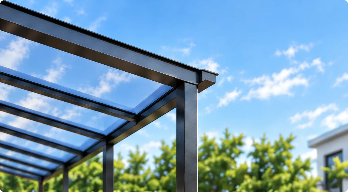 Mái che tấm Polycarbonate đặc phẳng trên khung kim loại dốc, nhìn từ dưới lên; mũi tên minh họa hướng dốc tối thiểu 5%.