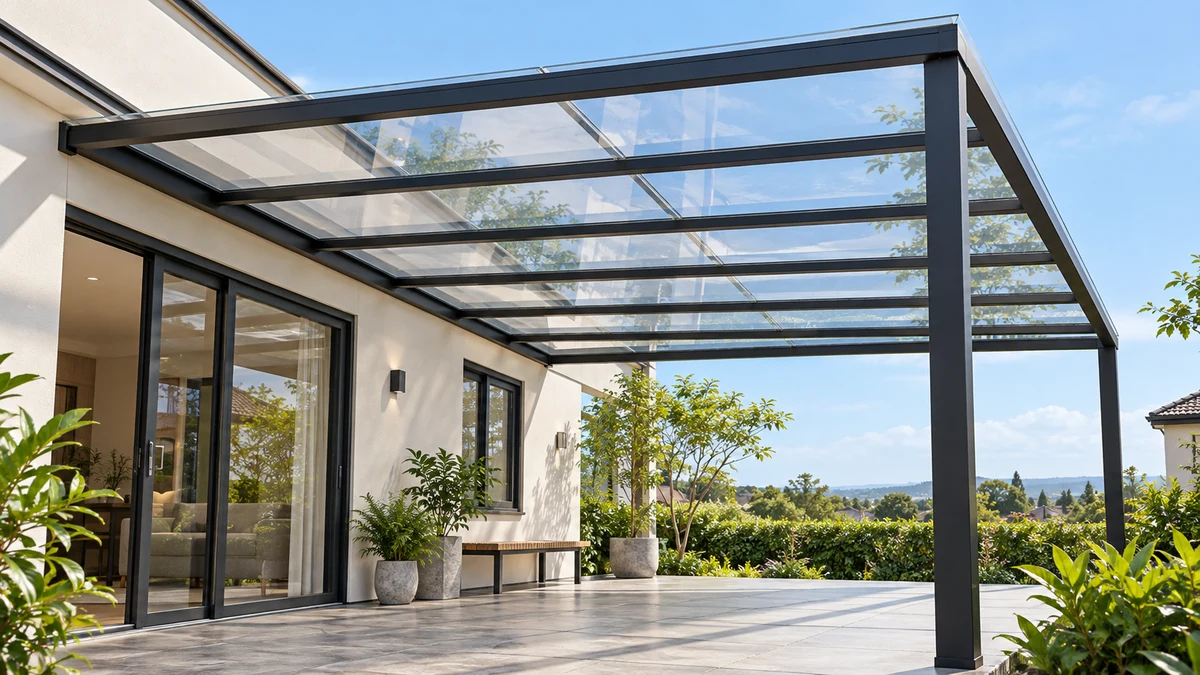 Minh họa mái hiên sử dụng tấm Polycarbonate đặc màu Trắng trong