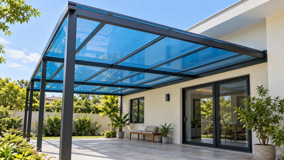 Minh họa mái hiên sử dụng tấm Polycarbonate đặc màu Xanh hồ