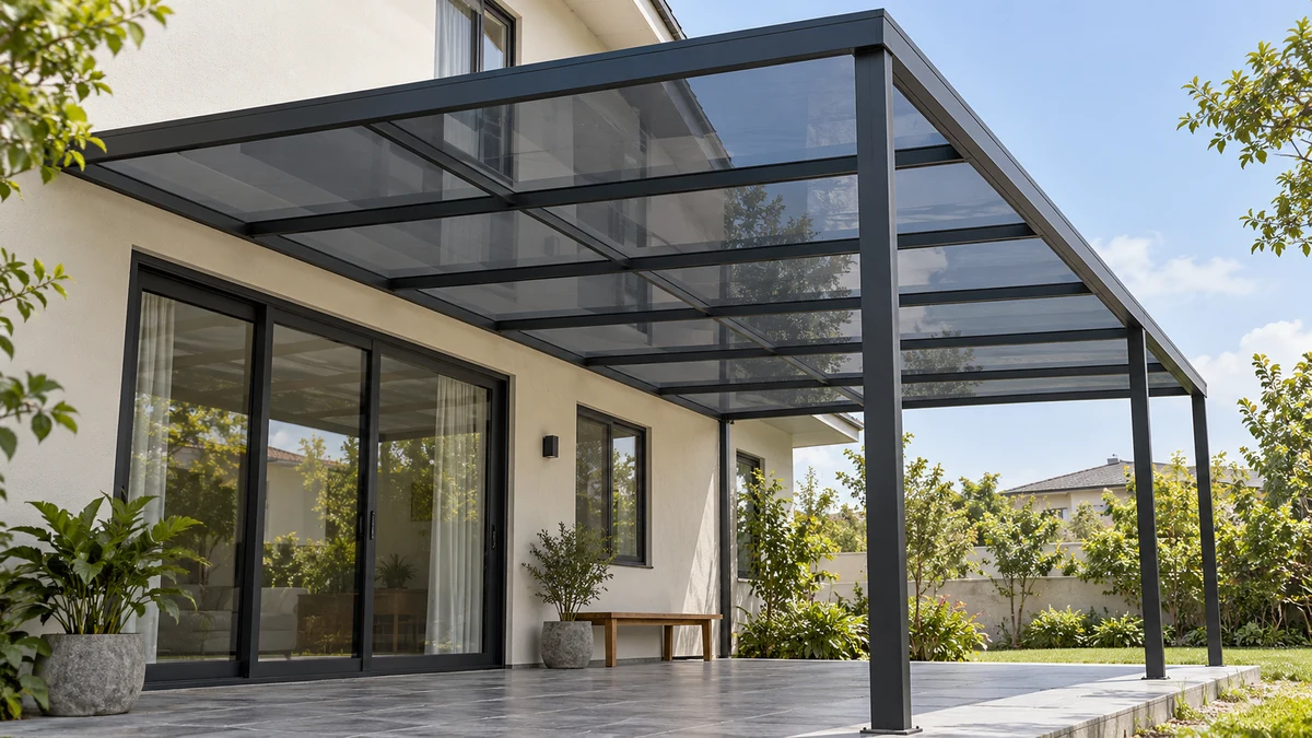 Minh họa mái hiên sử dụng tấm Polycarbonate đặc màu Xám khói