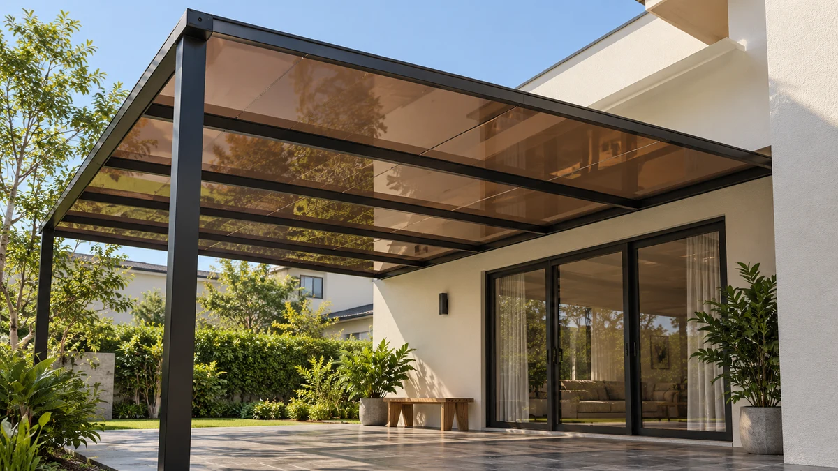 Minh họa mái hiên sử dụng tấm Polycarbonate đặc màu Nâu trà