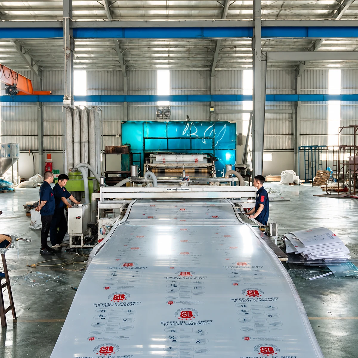 Dây chuyền sản xuất tấm Polycarbonate với nhân viên vận hành